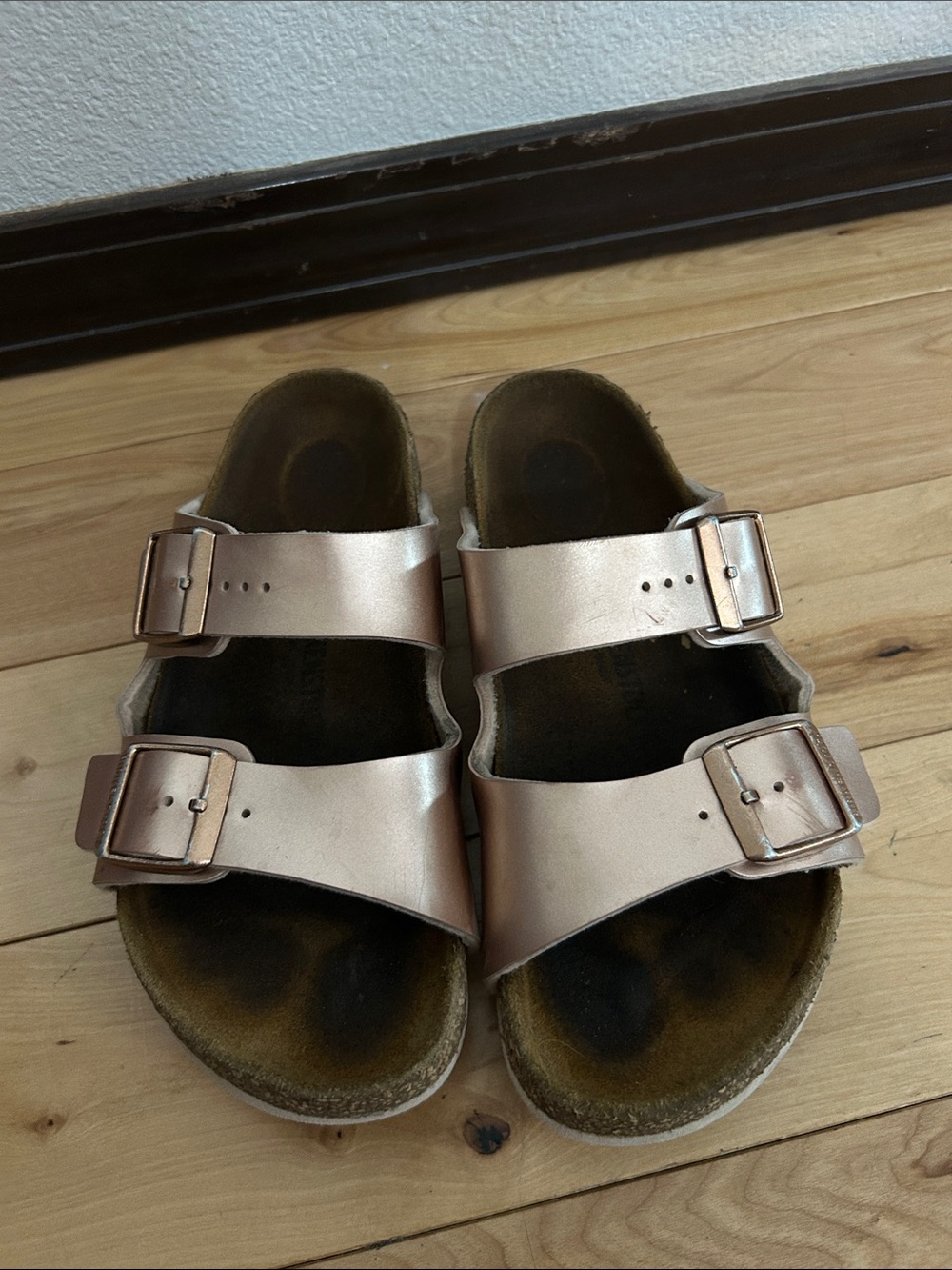 Birkenstock Metallic Rose Gold Double Buckle Clogs